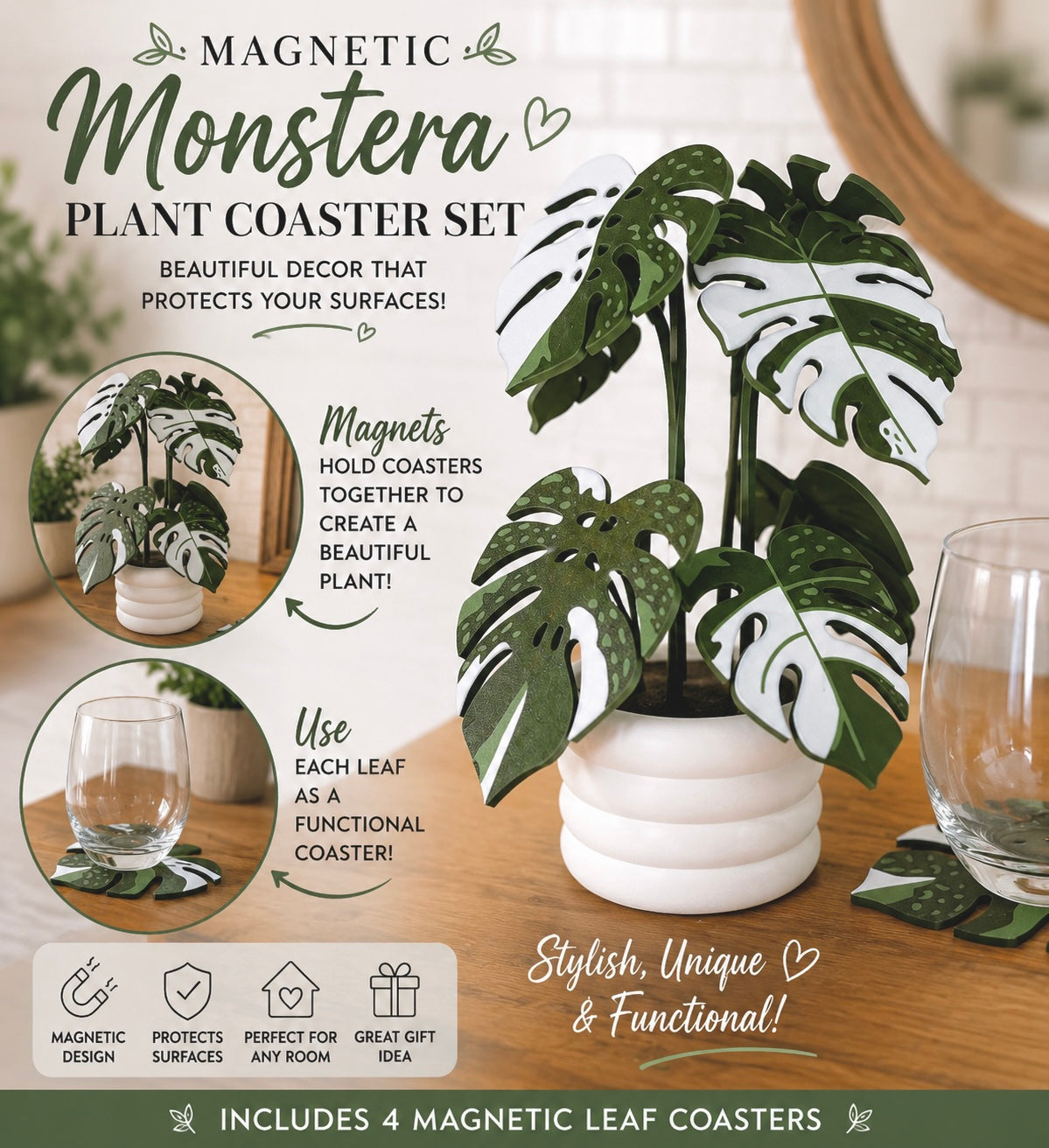 Magnetic Monstera Plant Coaster Set